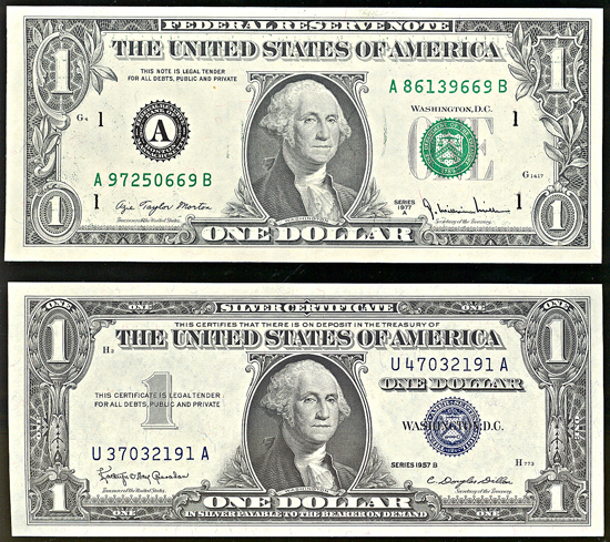 Two small size $1 notes with mismatched serial number errors. Both CU.