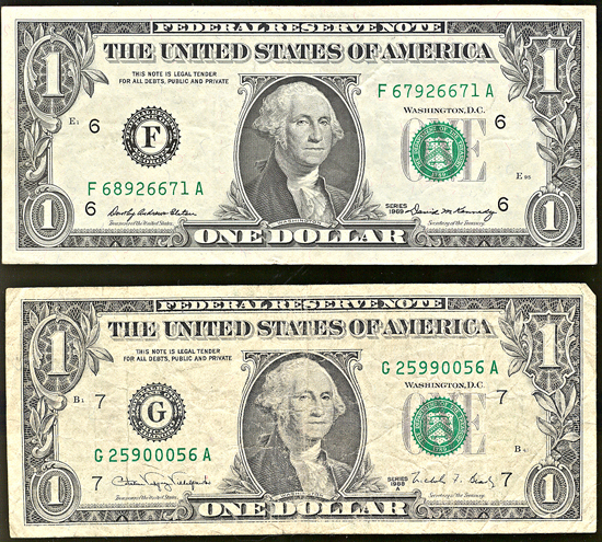 Two small size $1 notes with mismatched serial number errors. F and XF.