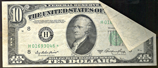 1950-A $10 Star Federal Reserve Note, St. Louis, with unprinted foldover error. VF.