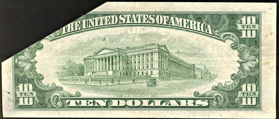 1950-A $10 Star Federal Reserve Note, St. Louis, with unprinted foldover error. VF.