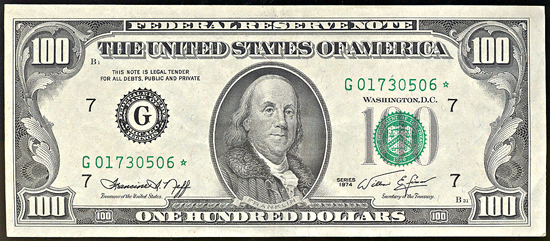 1974 $100 Star Federal Reserve Note, Chicago, with offset printing error. AU.