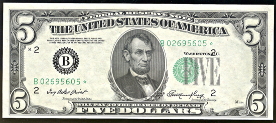 1950-A $5 Star Federal Reserve Note, New York, left shift third print error. AU.