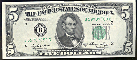 1950-A $5 Federal Reserve Note, New York, with mismatched serial number error. CHCU.