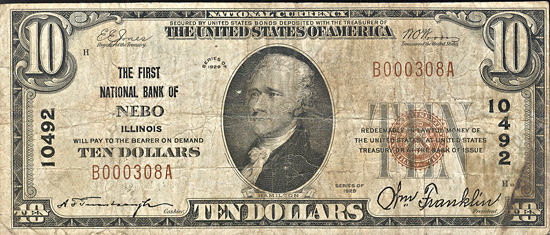 1929 $10.00. Nebo, IL Charter# 10492 Ty. 1. F.