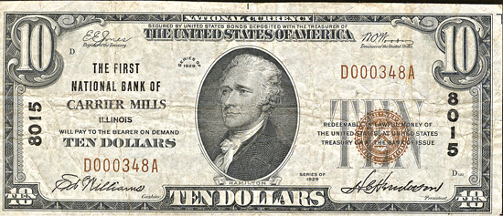 1929 $10.00. Carrier Mills, IL Charter# 8015 Ty. 1. F.