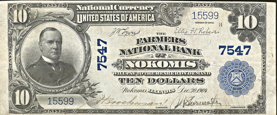 1902 $10.00. Nokomis, IL Charter# 7547 Blue Seal. VF.