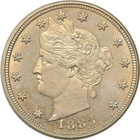 Nine five-cent denomination U.S. type coins.