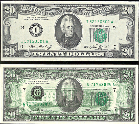 Two $20 Federal Reserve Notes, 1974 Minneapolis and 1981 Chicago, both with major offset printing errors. CHCU.