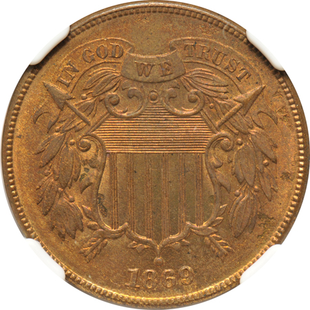 1864 Large Motto NGC MS-64 RB, and an 1869 NGC MS-63 RB.