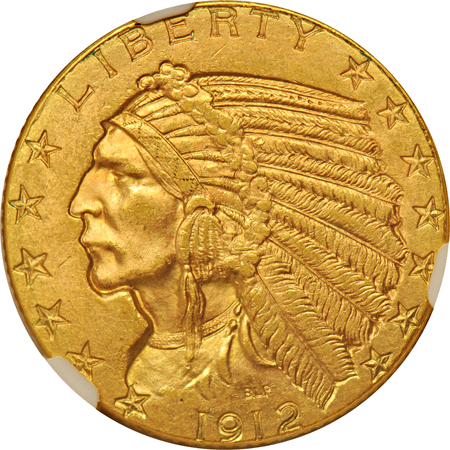 Four Liberty and one Indian half-eagle, all NGC MS-62.