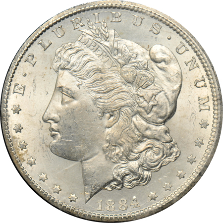 Seven photo-certified Morgan dollars.