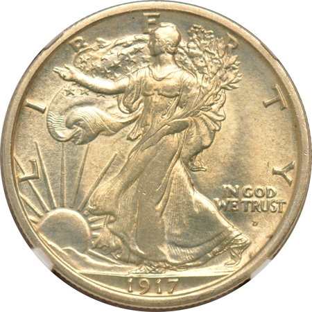 1833 Bust half-dollar, plus a 1917-D Walking Liberty half-dollar in NGC details holders.