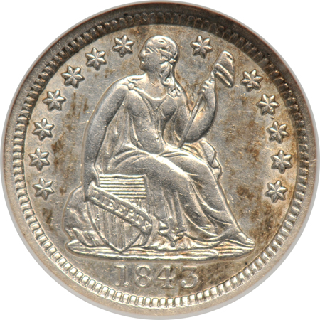 1861 three-cent silver, and an 1843 half-dime, both NGC AU-58.