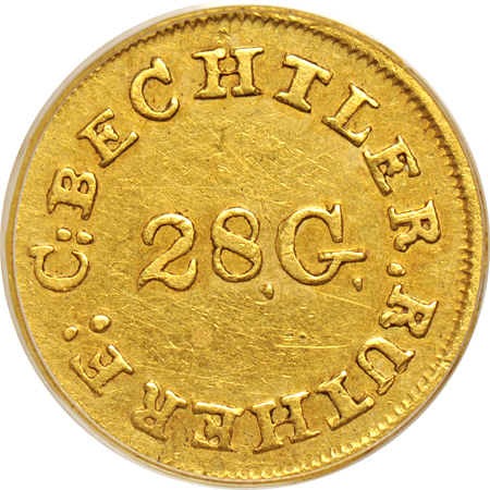 C Bechtler Gold $1 (Kagin-3), 28 grain, Center. PCGS AU-53.