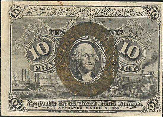 Second Issue 10c, fiber paper with surcharge "18-63" and "T-1".  PCGS AU-53.