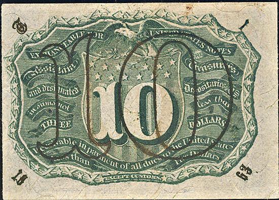 Second Issue 10c, fiber paper with surcharge "18-63" and "T-1".  PCGS AU-53.