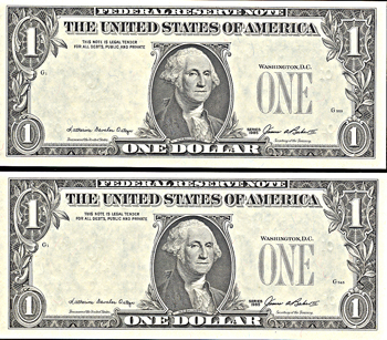 Pair of Missing Overprint 1985 $1 Error notes.  CU.