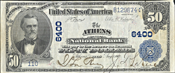 1902 $50.00. Athens, TX Charter# 6400 Blue Seal Date Back. XF.