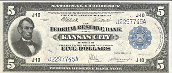 1918 $5.00 Kansas City.  AU.