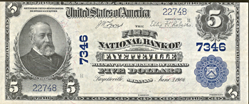 1902 $5.00. Fayetteville, AR Charter# 7346 Blue Seal. XF.