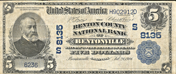 1902 $5.00. Bentonville, AR Charter# 8135 Blue Seal. VF.