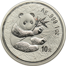 China - Two 2000 1oz silver Pandas, frosted ring.