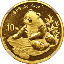 China - 1998 1/10oz Gold Panda, large date, NGC MS-69.