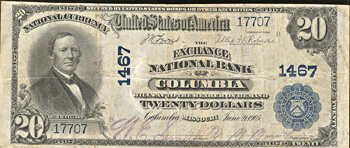 1902 $20.00. Columbia, MO Charter# 1467 Blue Seal. VF.