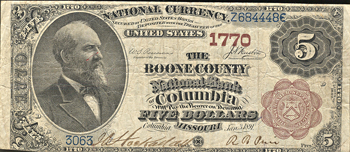 1882 $5.00. Columbia, MO Charter# 1770 Brown Back. VF.