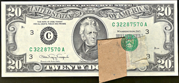 1988-A $20 Federal Reserve Note error - portion of third print on attached "scrap."