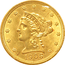 1853 gold dollar, and a 1906 quarter eagle, as described.