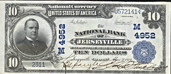 1902 $10.00. Jerseyville, IL Charter# 4952 Blue Seal. XF.