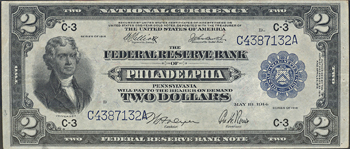 1918 $2.00 Philadelphia PMG VF-35/pinholes.