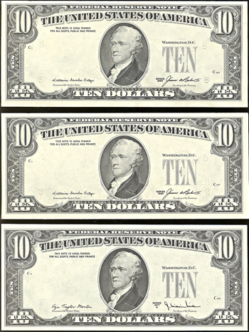 Three $10 error notes with third print on back, all CU.