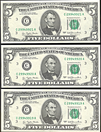 1977 $5 Federal Reserve Note, Philadelphia, missing back, plus two bookends.  CHCU.