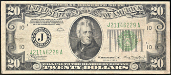 1934 $20 Federal Reserve Note, Kansas City, with inverted back.  F.