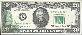 1963-A Star $20 Federal Reserve Note, San Francisco, with double offset error.