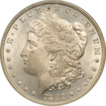 Five Morgan dollars graded MS-64 by NGC.