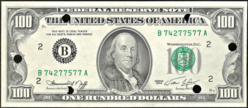 1974 $100 Federal Reserve Note, New York, with blank back error, punch canceled.  CU.