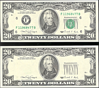 1990 $20 Federal Reserve Note, Atlanta, with third print on back error, plus a consecutive pair subsequent $20. CHCU.