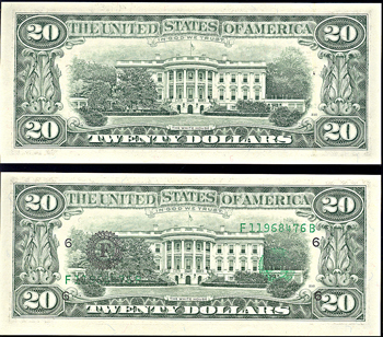 1990 $20 Federal Reserve Note, Atlanta, with third print on back error, plus a consecutive pair subsequent $20. CHCU.