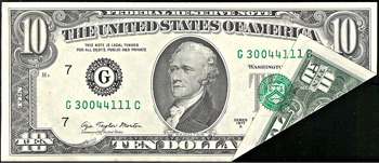 1977-A $10 Federal Reserve Note, Chicago, with foldover to front error. AU.