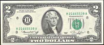 1976 $2 Federal Reserve Note, St. Louis, with offset printing error. CU.