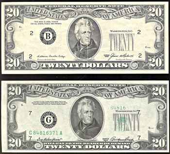 Two $20 Federal Reserve Notes with printing errors, as described.
