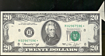 1974 $20 Star Federal Reserve Note, St. Louis, with foldover to back error. CHCU.