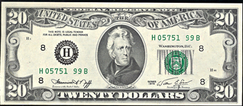 1974 $20 Federal Reserve Note, St. Louis, with missing digit in serial number error. CHCU.