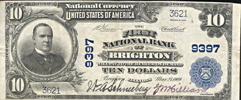 1902 $10.00. Brighton, IL Charter# 9397 Blue Seal. VF.