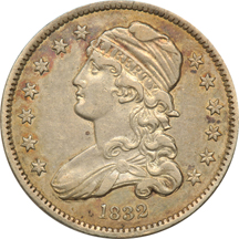 1832 Bust quarter (B-2), and an 1825 Bust half-dollar (O-107), both XF.