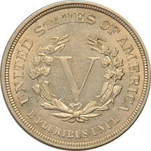 Nine five-cent denomination U.S. type coins.