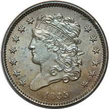 1835 half cent, and an 1803 large cent, as described.